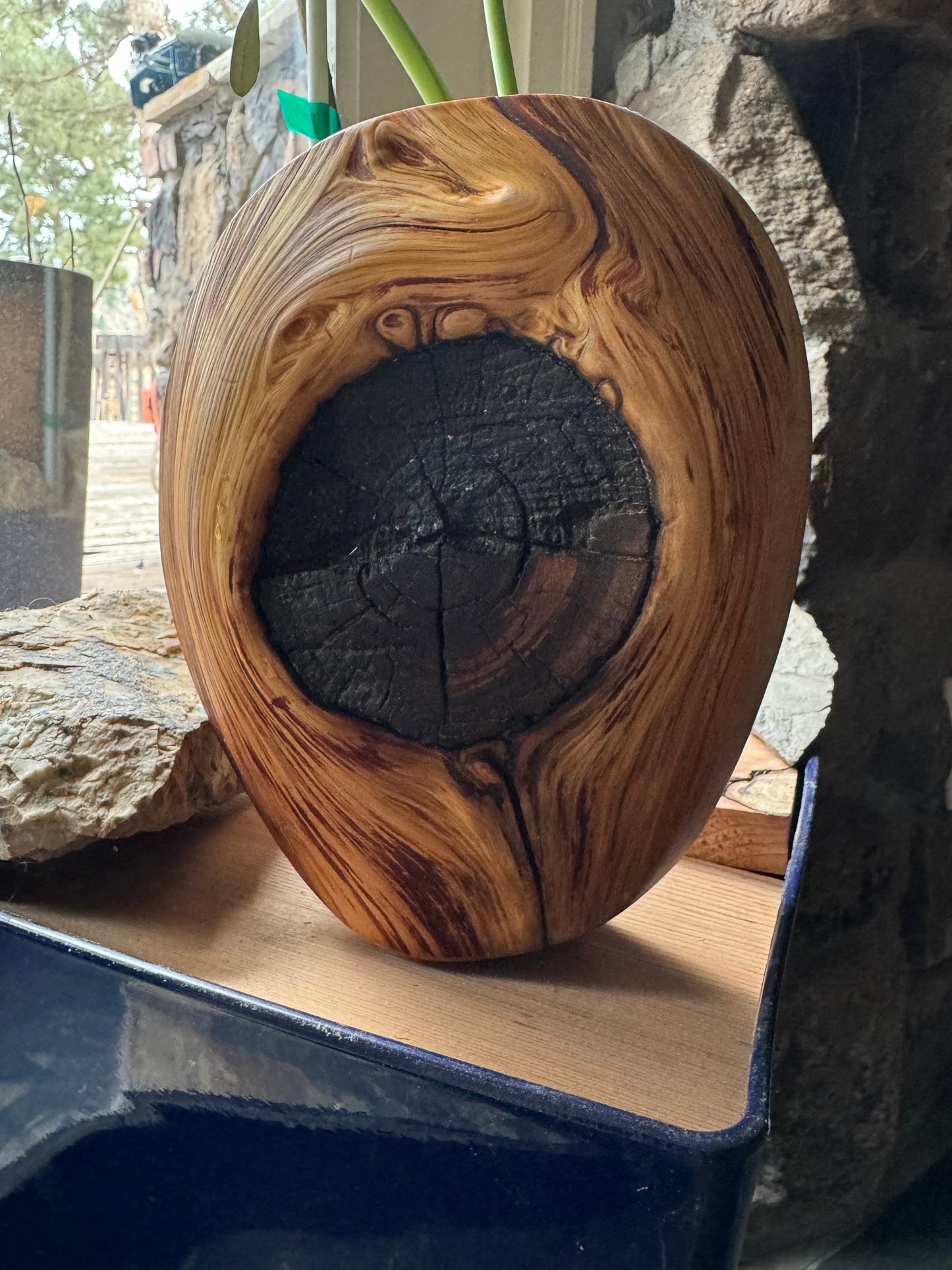 Cedar wall sculpture w glass insert